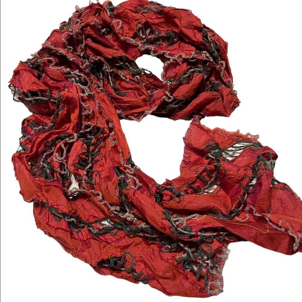 Salt Sequined Silk Artist Woven Red Scarf Vintage